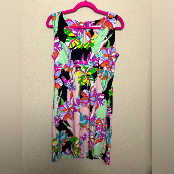 Jude Connally Tropical Abstract Floral Scuba Knit Stretch V-Neck Shift Dress M - Picture 1 of 8